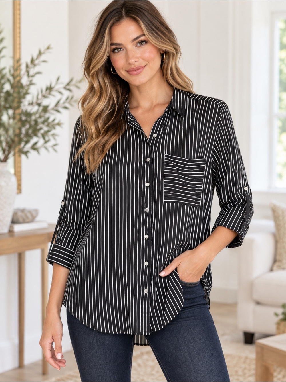 Grand & Greene Striped Button Down Roll Tab Sleeve Blouse Size Large
